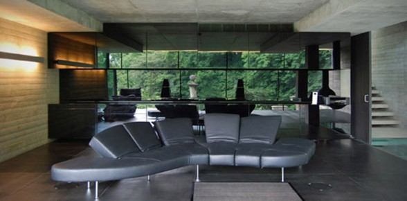 modern glass house living room interior