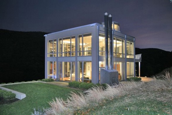 Modern Design Glass House in New York - Night View