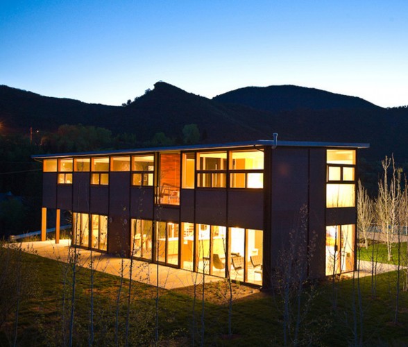 Mountain Prefab House Architecture with Basketball Court in Aspen - Night View