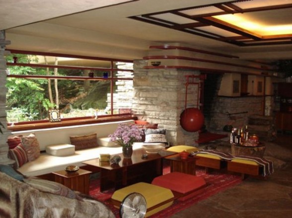 Gorgeous Fallingwater House Plans, Houses Built Over a Waterfall - Livingroom