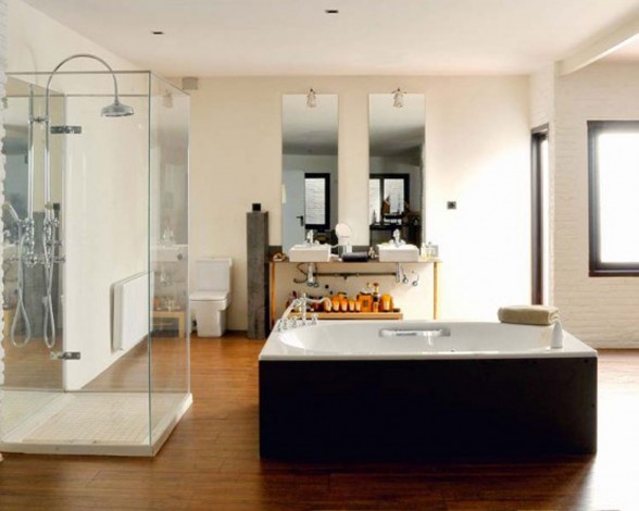 Modern Loft with Industrial Bricks Element for Apartment Ideas - Bathroom