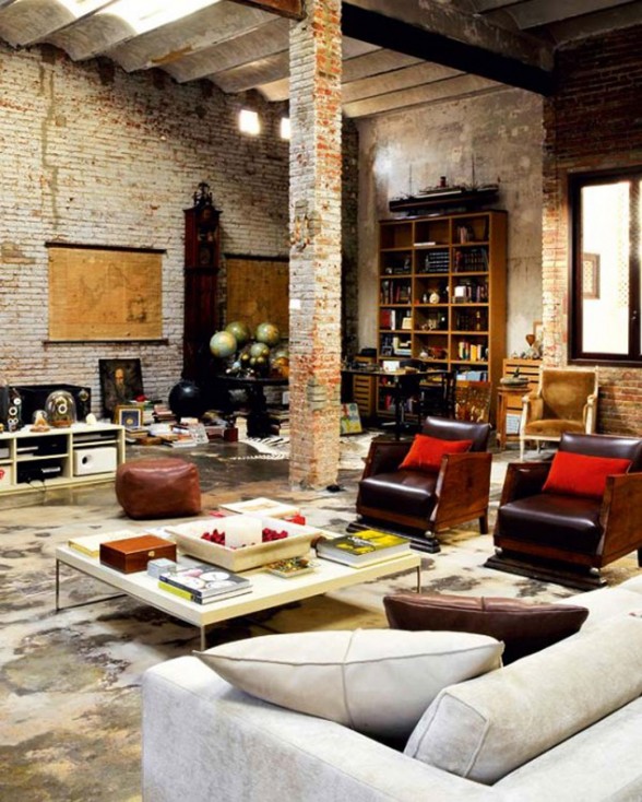 Modern Loft with Industrial Bricks Element for Apartment Ideas - Livingroom