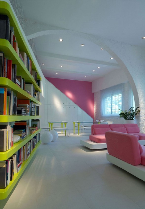 Modern and Colorful House Design Decorated with Bright Lamps - Bookshelf