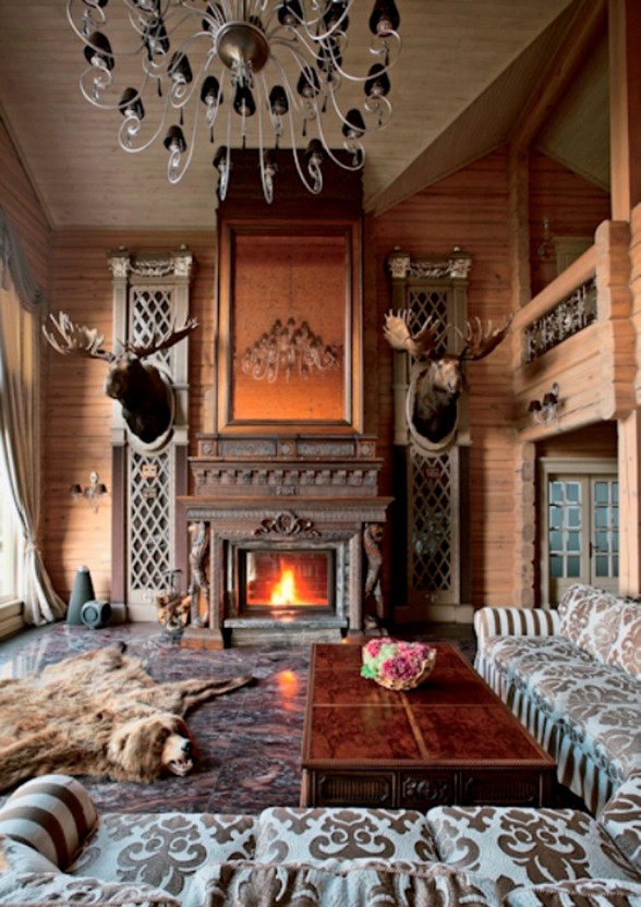 Beautiful Wooden Villa Design with Amazing Fireplace on Russia - Living room