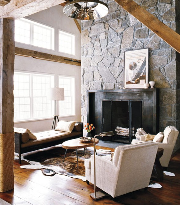 Contemporary House Design from a Barn with High Quality Wood Furniture - Fireplace