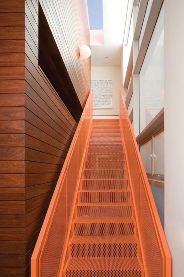 LeanArch Architect Design, Sustainable Home in Manhattan Beach - Red Staircase