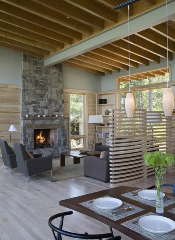 Modern Lake House with Amazing Interior Design from Finne Architect - Livingroom with Fireplace