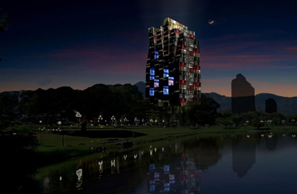 Modern Tower Design in Costa Rica, Impressive Architecture of a Strange Tower - Night View
