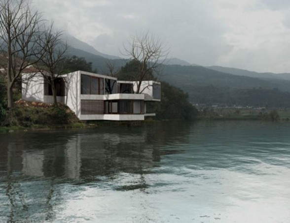 Treehouse, Geometric Guest House Design in China - beside Lake