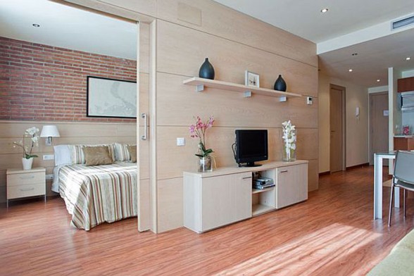 Warmth and Comfy Apartment Ideas In 55 Square Meter of Barcelona - Living Room with TV