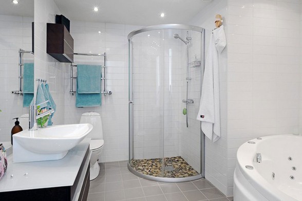 Elegant White Interior Design of a Minimalist Duplex Apartment Plans - Bathroom