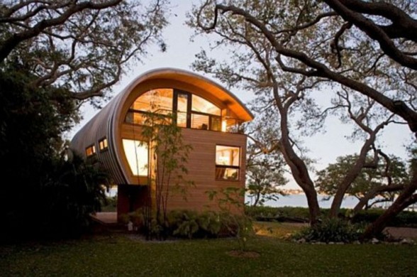 Wooden Framed House, Unusual Design named Hammock-Shaped Guest House - Garden