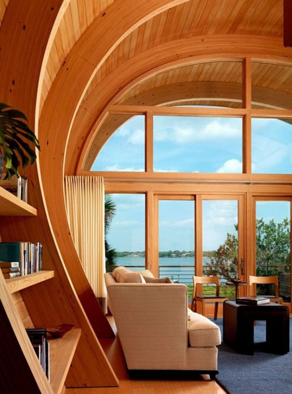 Wooden Framed House, Unusual Design named Hammock-Shaped Guest House - Livingroom