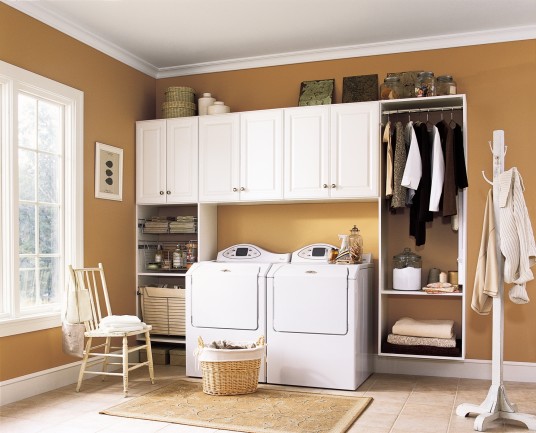 Modern Brown Laundry Room White Laundry Cabinet Two Washing Machines