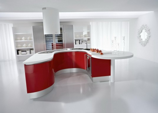 Awesome Red And White Kitchen Curved Island Design Your Own Kitchen