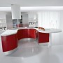Design Your Own Kitchen from First Day: Awesome Red And White Kitchen Curved Island Design Your Own Kitchen