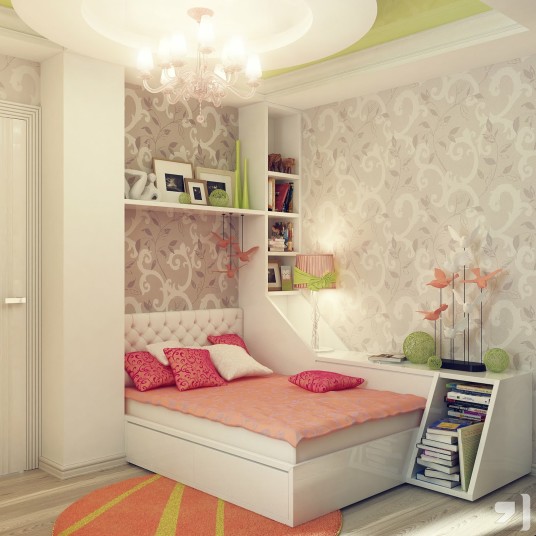 Charming Girl Bedroom Ideas Floral Patterned Wallpaper Small Bookcase