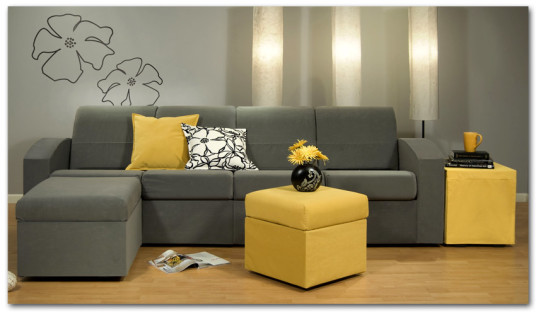 Elegant Contemporary Grey Small Sectional Sofa Yellow Coffee Table