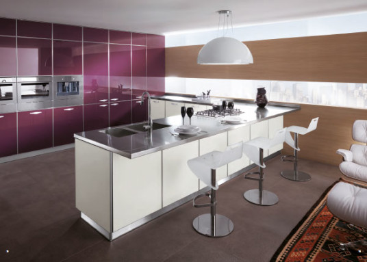 Elegant Modern Minimalist Italian Kitchen Design Purple Cabinets