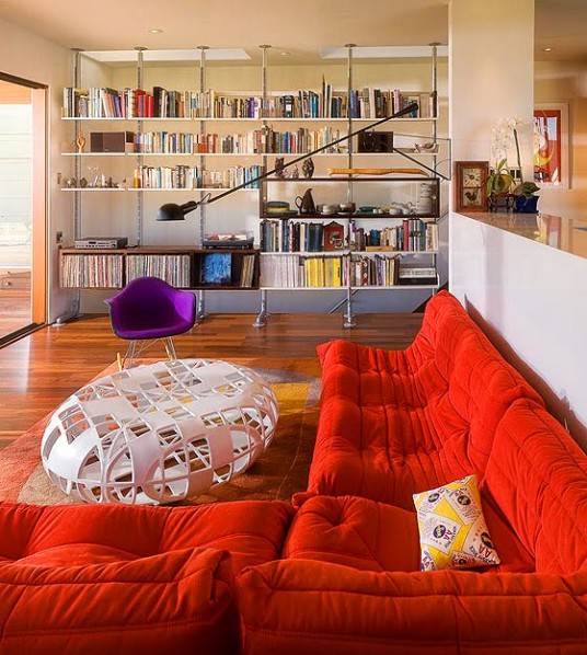 Magnificent Red Togo Sofa Modern Spacious Room with Bookshelf