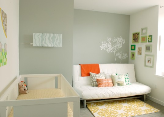 Sleek Modern Baby Room Ideas White Sofa Grey Painted Wall