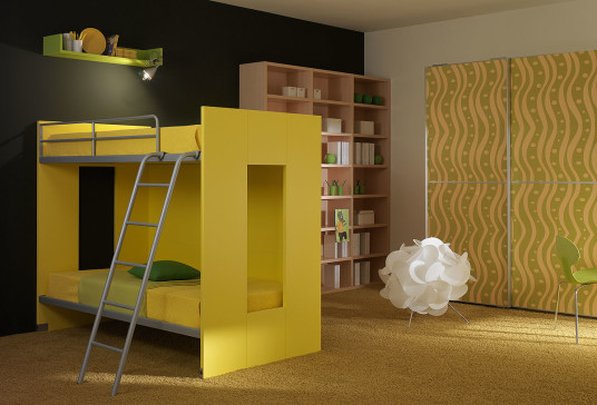 Sleek Modern Kids Furniture Yellow Loft Bed Wooden Bookcase