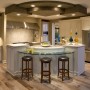 Kitchen Lighting Design Gives Perfect Sight in Kitchen: Stunning Modern Style Kitchen Lighting Design Wooden Bar Stool