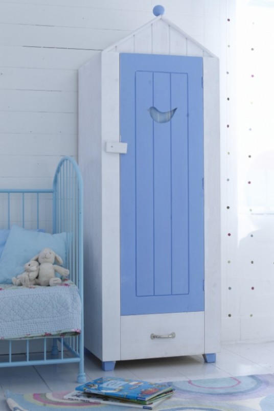 White Plank Wall Blue Door Kids Wardrobes Metal Frame Cradles