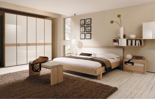 Neutral Colors Bedoom Design With Large Sleek Armoire And Brown Fur Rug