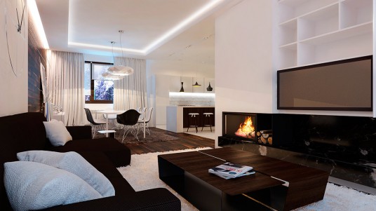 Apartment Interior with Modern Black Sofa And Wooden Coffee Table