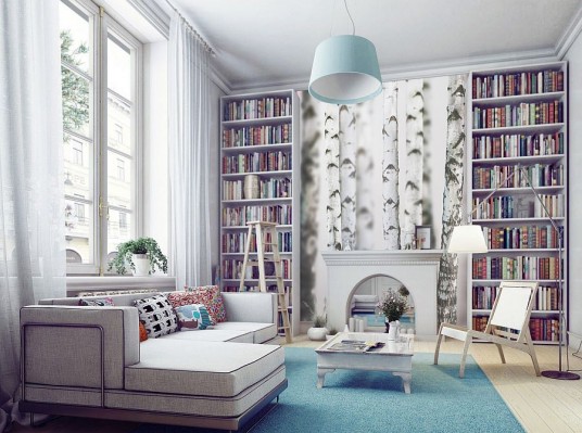 Stunning Wall Mural for Winter Designed in Forest Theme Design Used for White Living Room with White Bookcases