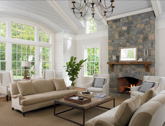 Colonial House Living Room with Stone