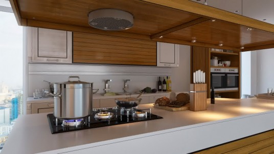Contemporary Kitchen Interior with ornamental lamps below showcase