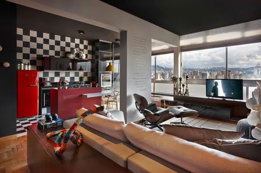 Red Black and Grey Apartment Living Room Interior Design