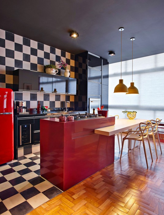 Stunning Black and White Kitchen Interior Design with Dramatic Red Additions of Kitchen Island and Refrigerator