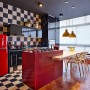 Exciting Colorful Apartment Decoration In Brazil: Stunning Black And White Kitchen Interior Design With Dramatic Red Additions Of Kitchen Island And Refrigerator