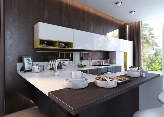 contemporary kitchen interior with mix of white  and black wooden