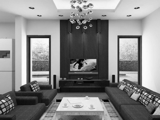Luxury Living Room in Black and White Color Theme with Dark Brown Furniture