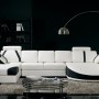 Living Room Decorating Ideas with Black and White Concept: Ultramodern Black Living Room Inspiration With Glass Table And White Sofa And Also Fur Carpet